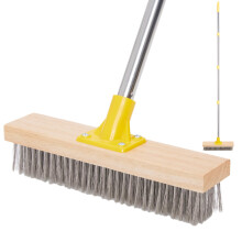 Wire Broom Scrubbing Brush with Long Handle, Stiff Metal Bristle Deck Scrub Brush, Outdoor Floor Scrubber, Patio Cleaner Brushes for Cleaning Moss, T