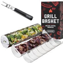 SHIZZO Rolling Grill Basket, Sturdy Cylinder Grilling, Food Grade Stainless Steel, Large Portable Outdoor Camping BBQ Net Rack, Cooking Griller for F