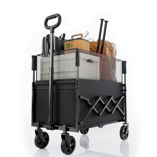 Folding Utility Wagon Cart with Wheels, 120L Capacity, Black