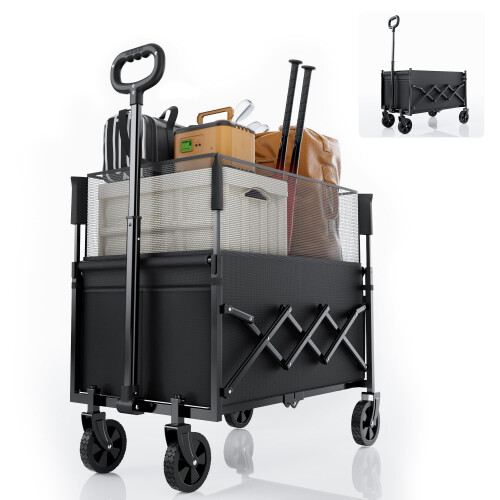 Folding Utility Wagon Cart with Wheels, 120L Capacity, Black 1