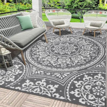 SHACOS Outdoor Rug Waterproof Grey 150x240cm Reversible Patio Rugs Geometric Large Garden Rug Lightweight Plastic Straw Rug Portable Foldable Picnic