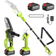 Supstable 4-in-1 Cordless Mini Chainsaw & Pruning Shears with Extension Pole Combo Kit, Electric Pole Chainsaw 6 Inch, 2 x 4000mAh Batteries Tree Pru