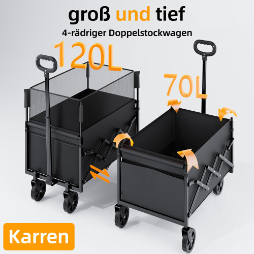 Folding Utility Wagon Cart with Wheels, 120L Capacity, Black 2