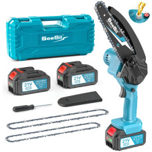 SEESII 8 Inch Mini Cordless Chainsaw with High Capacity 4000mAh x2 Batteries, 900W Powerful Electric Chain Saws with Oiler System, Handheld Battery P