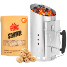 SUNLIFER Large BBQ Charcoal Chimney Starter: Quick Fire Starters With Natural Wood Wool Fire lighters 24Pcs, Coal Starter for Barbecue Grill (38Cm He