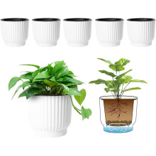 T4U 15cm Self Watering Plant Pots Indoor, 6 Pack Indoor Plant Pot, White Plastic Flower Pots, House Plant Pots for Indoor Outdoor Plants, Succulent,