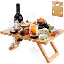 YOUEON Portable Wine Picnic Table with 5 Wine Glasses Holder, Foldable Champagne Snack Tables, Beverage and Cheese Table for Picnic, Camping, Park, B