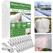 3x 15M Garden Fleece Frost Protection with 20 Clips, 30gsm Horticultural Fleece for Outdoor Plants, Large Frost Plant Covers for Outdoor Plants Winte