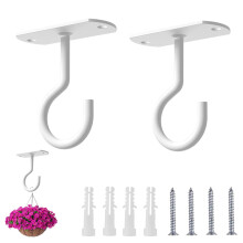 Ceiling Hooks for Hanging Plants, 2-Pack White Ceiling Hooks Heavy Duty, Includes 8 Accessories, Hanging Basket Bracket for Indoor & Outdoor Use, Wal