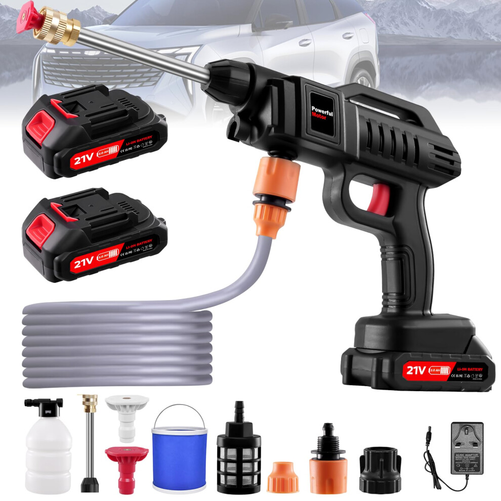 Wzto Cordless Pressure Washer, 21V 1500W Portable Pressure Washer, 60Bar/870 Psi High Power Washer Machine With 2 Nozzles, 2 Battery, 5M Hose Cordless Jet