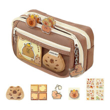 (D) Cute Capybara Pencil Case, Capybara School Supplies, Wide Opening Mouth Pencil Pouch with Cute Pins Plush Stickers Pendant and Memo Pad