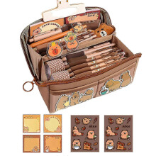 (C) Cute Capybara Pencil Case, Capybara School Supplies, Wide Opening Mouth Pencil Pouch with Cute Pins Plush Stickers Pendant and Memo Pad