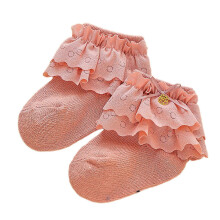 (M, Leather Pink) Trendy Lace Trimmed Socks Solid Color Baby Ankle Socks Infant Calf Length Socks with Lace Trim Decor for 1-8T Girls  White S