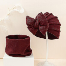 (Wine Red) 2 Pcs Baby Hat Scarf Set Cute Bowkot Beanie Cap Spring Autumn Winter Warm Neckchief Collar For Infant Toddler Boy Girl