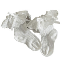 (A, White) Kids Fashion Short Socks Combed Cotton Fabric Artistic Embroidery Detail Secure Bowknot Accent For Festive Outfits  White C