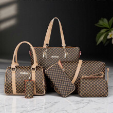 (Khaki) 6PCS PU Leather Tote Bag Set Large Capacity Crossbody Shoulder Bags Travel Fashion Embossed Soft Durable Adjustable Strap