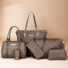 (Brown) 6PCS PU Leather Tote Bag Set Large Capacity Crossbody Shoulder Bags Travel Fashion Embossed Soft Durable Adjustable Strap