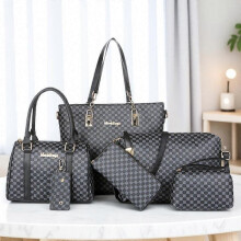 (Black) 6PCS PU Leather Tote Bag Set Large Capacity Crossbody Shoulder Bags Travel Fashion Embossed Soft Durable Adjustable Strap