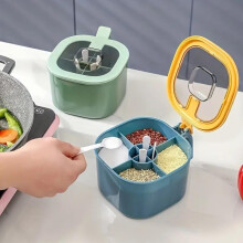 (Yellow) 4-in-1 Round Plastic Seasoning Box Set with Integrated Spoons, Salt, Pepper & Spice Containers for Kitchen Countertop Organizer