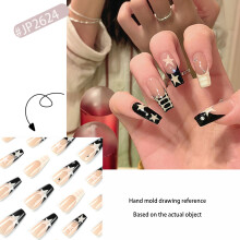 French Fake Nails Long Square Black Yellow Star Artificial Nail