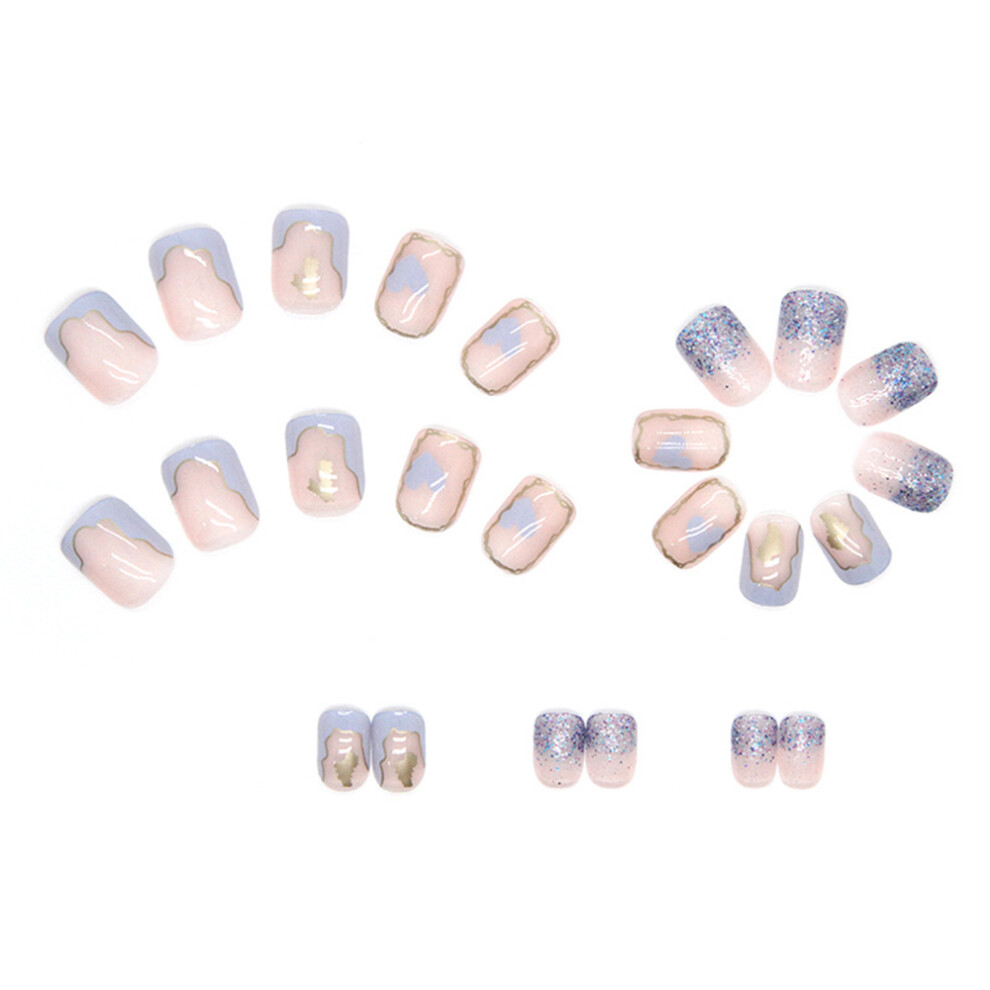 24pcs French Fake Nail Glossy Short Square Fake Nails with Glitter