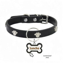 (M)Customized Leather Dog Collar With Bone-Shaped Pet Tag, Double-Sided Engraved Pet Name And Phone, Metal Decoration Anti-Lost Foo