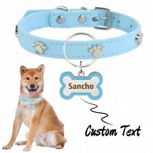 (M)Customized Leather Dog Collar With Bone-Shaped Pet Tag, Double-Sided Engraved Pet Name And Phone, Metal Decoration Anti-Lost Foo