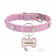 (L)Customized Leather Dog Collar With Bone-Shaped Pet Tag, Double-Sided Engraved Pet Name And Phone, Metal Decoration Anti-Lost Foo