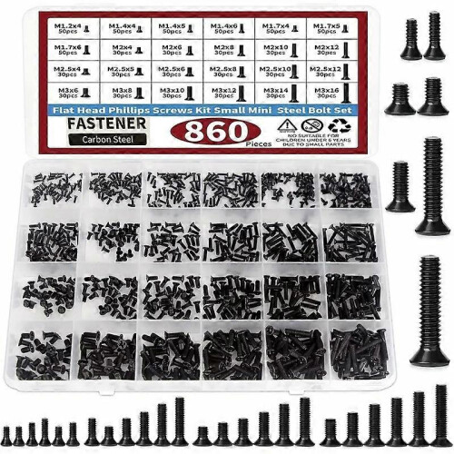 (860pcs) 250Pcs/860Pcs Small Computer Screw Set Black Micro Glasses Screws M1.2/1.4/1.7/2/2.3 Kit