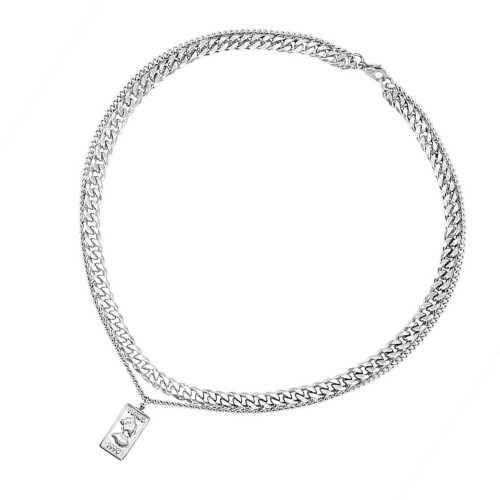 Punk Silver Rectangular Pendant Necklace with Cuban Link Chain