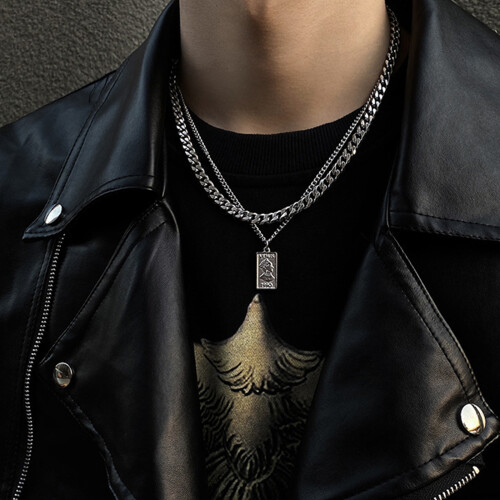 Punk Silver Rectangular Pendant Necklace with Cuban Link Chain 1
