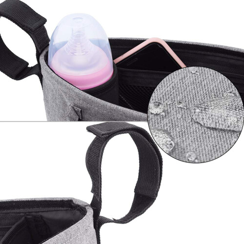 Stroller Essentials Simplified: Portable Stroller Organizer Bag, Gray, With Double Cup Holder And Shoulder Strap 1