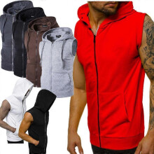 (XL)Mens Hooded Tank Vest Sleeveless Zip Hoddies Workout Sports Pullover Top Shirts