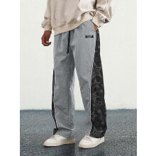 (S)Men's Letter Patchwork Side Stripe Drawstring Waist Pants, Casual Loose Pocket Trousers for Daily Wear, Fashion Men's Bottoms for All Season