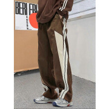 (L)Men's Letter Patchwork Side Stripe Drawstring Waist Pants, Casual Loose Pocket Trousers for Daily Wear, Fashion Men's Bottoms for All Season