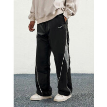 (M)Men's Letter Patchwork Side Stripe Drawstring Waist Pants, Casual Loose Pocket Trousers for Daily Wear, Fashion Men's Bottoms for All Season