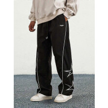 (L)Men's Letter Patchwork Side Stripe Drawstring Waist Pants, Casual Loose Pocket Trousers for Daily Wear, Fashion Men's Bottoms for All Season