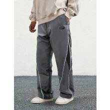 (XXL) Men's Letter Patchwork Side Stripe Drawstring Waist Pants, Casual Loose Pocket Trousers for Daily Wear, Fashion Men's Bottoms for All Season