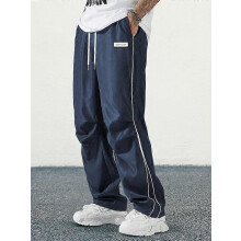 (L) Men's Letter Patchwork Side Stripe Drawstring Waist Pants, Casual Loose Pocket Trousers for Daily Wear, Fashion Men's Bottoms for All Season