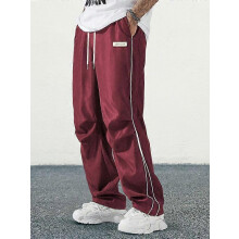(XL)Men's Letter Patchwork Side Stripe Drawstring Waist Pants, Casual Loose Pocket Trousers for Daily Wear, Fashion Men's Bottoms for All Season