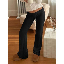 (M) Women's Solid Drawstring Foldover Waist Straight Leg Pants, Pants for Women, Fashion Casual Drop Waist Trousers For Daily Outdoor Wear, Wome