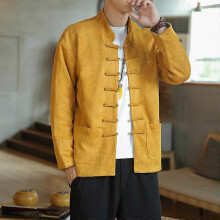 (Asian L=US S)Autumn Men Chinese Style Cotton Linen Casual Retro Frog Button Tang Suit Outwear