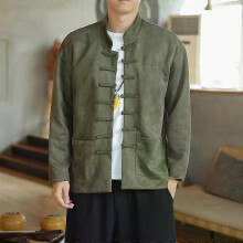 (Asian M=US XS)Autumn Men Chinese Style Cotton Linen Casual Retro Frog Button Tang Suit Outwear