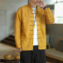 (Asian M=US XS)Autumn Men Chinese Style Cotton Linen Casual Retro Frog Button Tang Suit Outwear