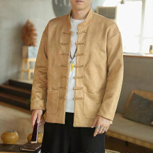 (Asian M=US XS)Autumn Men Chinese Style Cotton Linen Casual Retro Frog Button Tang Suit Outwear