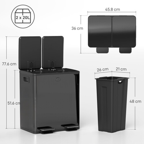 Homcom HOMCOM 2 x 20L Dual Rubbish Bin Kitchen Bin for Recycling and Waste, Black 2