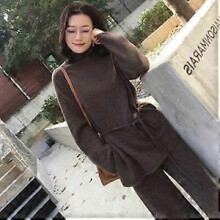 (Dark Coffee) Womens Knitted Tops Sweater Cashmere Blend Thick Loose Wide Leg Pants 2Pcs Suit