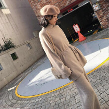 (Oat Beige) Womens Knitted Tops Sweater Cashmere Blend Thick Loose Wide Leg Pants 2Pcs Suit