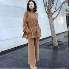 (Camel) Womens Knitted Tops Sweater Cashmere Blend Thick Loose Wide Leg Pants 2Pcs Suit