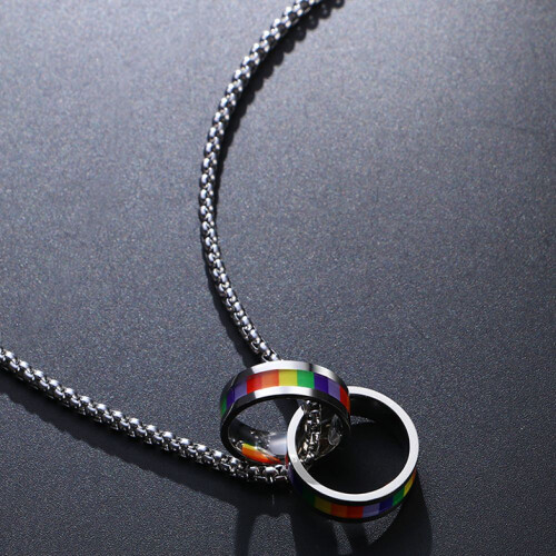 Unisex LGBT Pride, Κολιέ Ουράνιο Τόξο από Ανοξείδωτο Ατσάλι με Διπλό Κρίκο, Progress Pride LGBT Pride 2